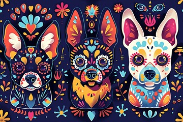 Obraz premium Seamless pattern with calavera sugar skull black cats , dogs in mexican style for holiday the Day of the Dead, Dia de Muertos