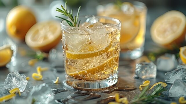  A close-up image of a glass with a lemon and rosemary garnish on a table, surrounded by lemons and ice