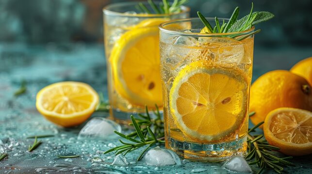  A picture of a glass filled with water, featuring lemon slices and fresh rosemary sprigs on a blue background