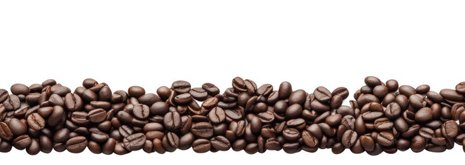 Row of Panoramic coffee beans isolate on transparent background, cutout, png