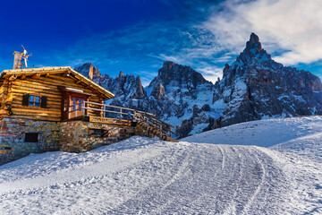 chalet on the mountain with snow in winter