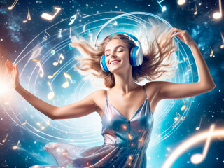 a girl in a sundress in outer space listening to music with headphones smiling