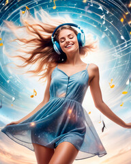 a girl in a sundress in outer space listening to music with headphones smiling