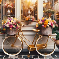 Fototapeta na wymiar A Vintage Golden Bicycle with Baskets of Flowers