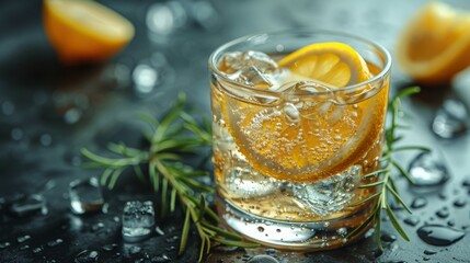  A close-up image of a glass filled with water, featuring a lemon slice and a sprig of rosemary