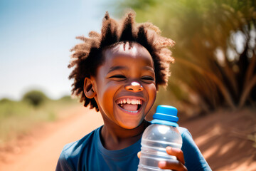 An African-American boy holds a water bottle, the concept of water shortage