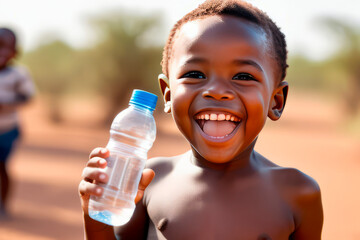 An African boy holds a water bottle, the concept of water shortage