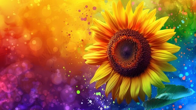  A painting depicts a sunflower in front of a vibrant backdrop, with droplets on flower petals