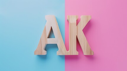 Letter AK together in wood on Pink and blue combination background