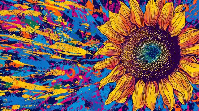  A sunflower painted on a blue-yellow-pink-purple canvas with brushstrokes