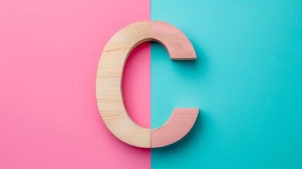 Letter C in wood on Pink and blue combination background