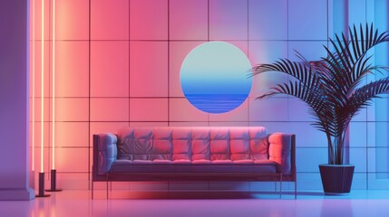 A 3D rendered image featuring a stylized 80s inspired living room with a leather sofa, neon lights, and a round window showcasing a sunset over the ocean
