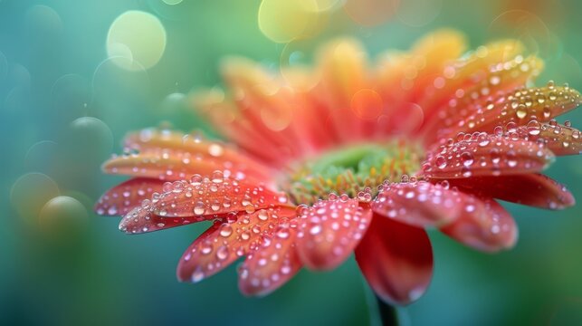  Red flower, water droplets, sharp focus, blurred background