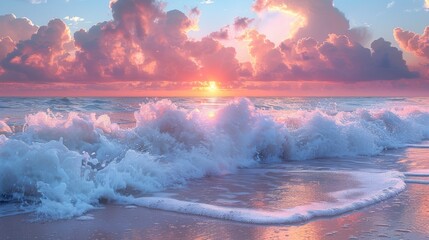  The sun descends upon the ocean, causing waves to collide with the shore Pink and blue clouds adorn the sky