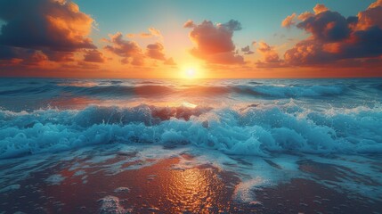  A sunset painting depicts waves crashing on the shore as the sun rises above the horizon - obrazy, fototapety, plakaty