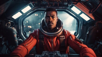 A man in a red spacesuit is sitting in a spaceship