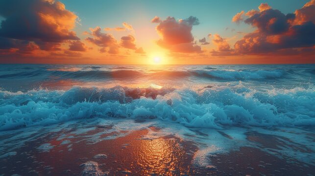  A sunset painting depicts waves crashing on the shore as the sun rises above the horizon