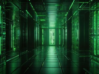 A Matrix tunnel of green numbers and letters including 00. Polygonal bitcoin backdrop