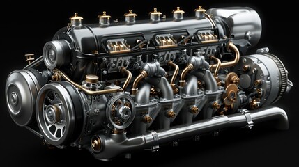 A meticulously detailed rendering of a classic car engine with metallic sheen and elegant curves against a dark backdrop, showcasing mechanical beauty