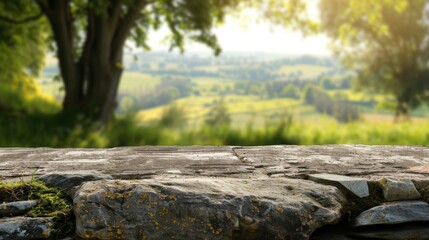 Stone table top with copy space. Countryside background - 772410561