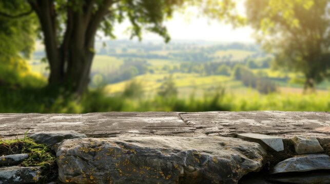Stone table top with copy space. Countryside background