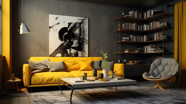 Designer modern living room interior in yellow and gray tones in loft style