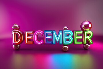 Bold 3D "DECEMBER" text surrounded by colorful Christmas baubles on a purple gradient background.