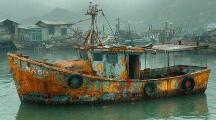  A rusty boat floating on a waterbody surrounded by multiple boats