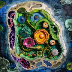 Detailed artwork of a plant cell, emphasizing the cell wall and vacuoles low noise