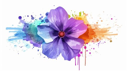  A watercolor painting of a purple flower with splashes of paint on one side and a red center in its heart