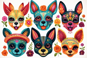 Fototapeta premium pattern with calavera sugar skull black cats , dogs in mexican style for holiday the Day of the Dead, Dia de Muertos