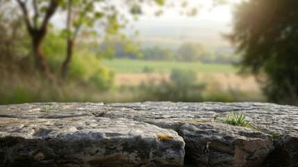 Stone table top with copy space. Countryside background