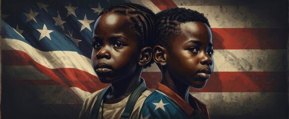 Dramatic Illustration of African American children with colorful background elements.. Black History Is American History, Juneteenth month
