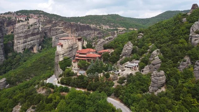 Aerial view of Holy Monastery of Rousanou (Saint Barbara) in Meteora, Greece. Holy Monastery of Roussanou (Rousanos), a UNESCO World Heritage site.