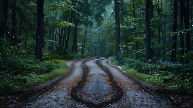Forked road right and left in dark green forest