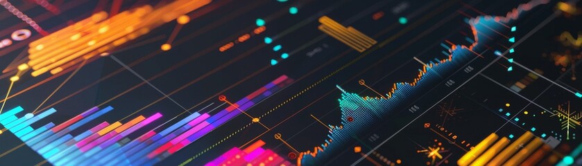 Breakdown of market analysis techniques, from fundamental to technical analysis, with visual examples hyper realistic - obrazy, fototapety, plakaty