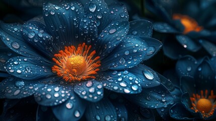  A zoomed-in view of a blue blossom with droplets of water and a yellow core encircled by additional blue blooms
