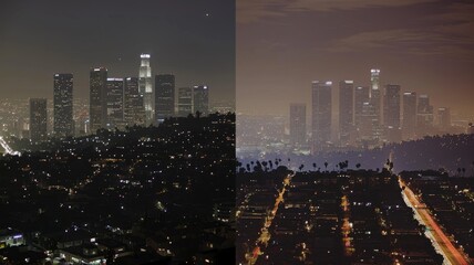 A tale of two cities, sidebyside visuals of the same cityscape with and without effective light pollution controls no dust - obrazy, fototapety, plakaty