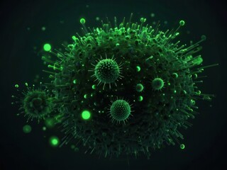 Close up virus cells isolated on dark colorful background. Virus or bacteria cells
