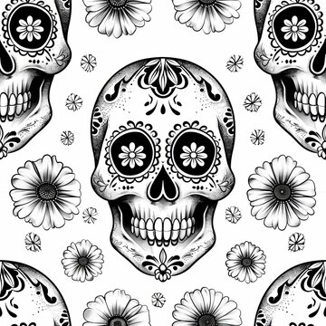 Day of The Dead colorful sugar skull with floral ornament and flower seamless pattern. on white background