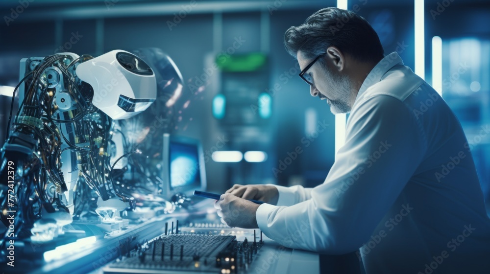 Poster An electronics engineer is a man working on a prototype of a bionic exoskeleton, a robot in the Laboratory of Robotics, Computer Research.
