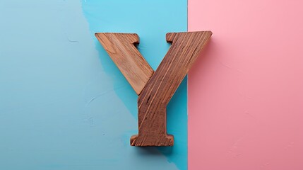 Letter Y in wood on Pink and blue combination background