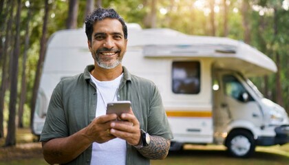 Mature tattooed man standing near rv camper van on vacation using mobile phone. Smiling mature active traveler holding smartphone enjoying free internet in camping tourism nature park 