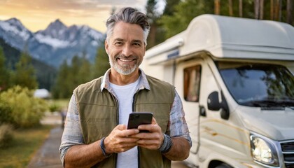 Mature tattooed man standing near rv camper van on vacation using mobile phone. Smiling mature active traveler holding smartphone enjoying free internet in camping tourism nature park 