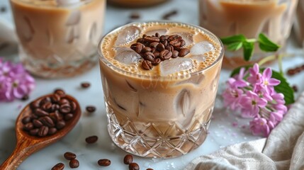  A macro shot of a drink in a cup with coffee grains and a wooden spoon nearby