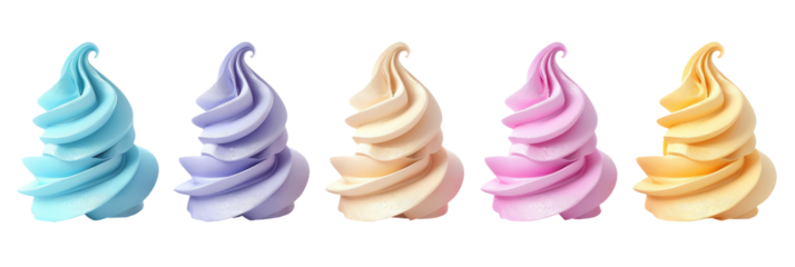 Whipped cream swirls 3d set isolated on transparent background, clipart, cutout, png. Sweet cream rainbow colored curls.