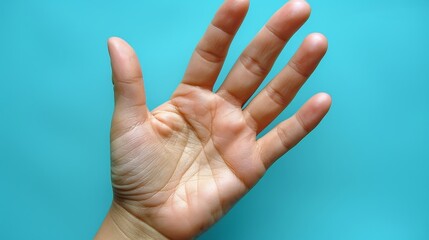 The hand is raised against a blue background