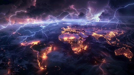 A comparison of lightning occurrences around the world, mapping out hotspots and rare events hyper realistic