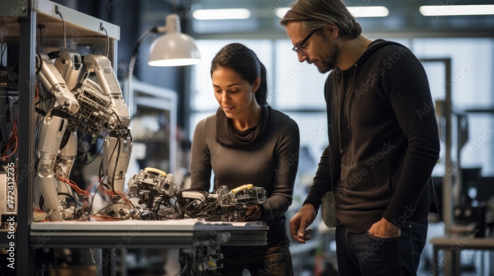 Aufkleber Young intelligent female and male Engineers, scientists are working on a prototype of a bionic exoskeleton, a robot in the Robotics Laboratory.