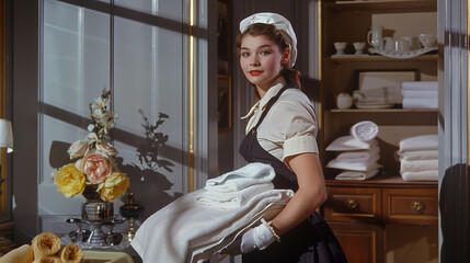 A photo inspired by the 1950s depicts a female hotel housekeeper, dressed in uniform and white gloves, holding a stack of towels as she cleans a room.
